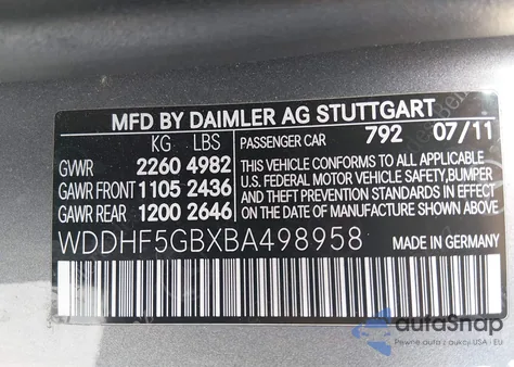 2011 Mercedes-Benz E 350 z USA, uszkodzony, nr VIN WDDHF5GBXBA498958